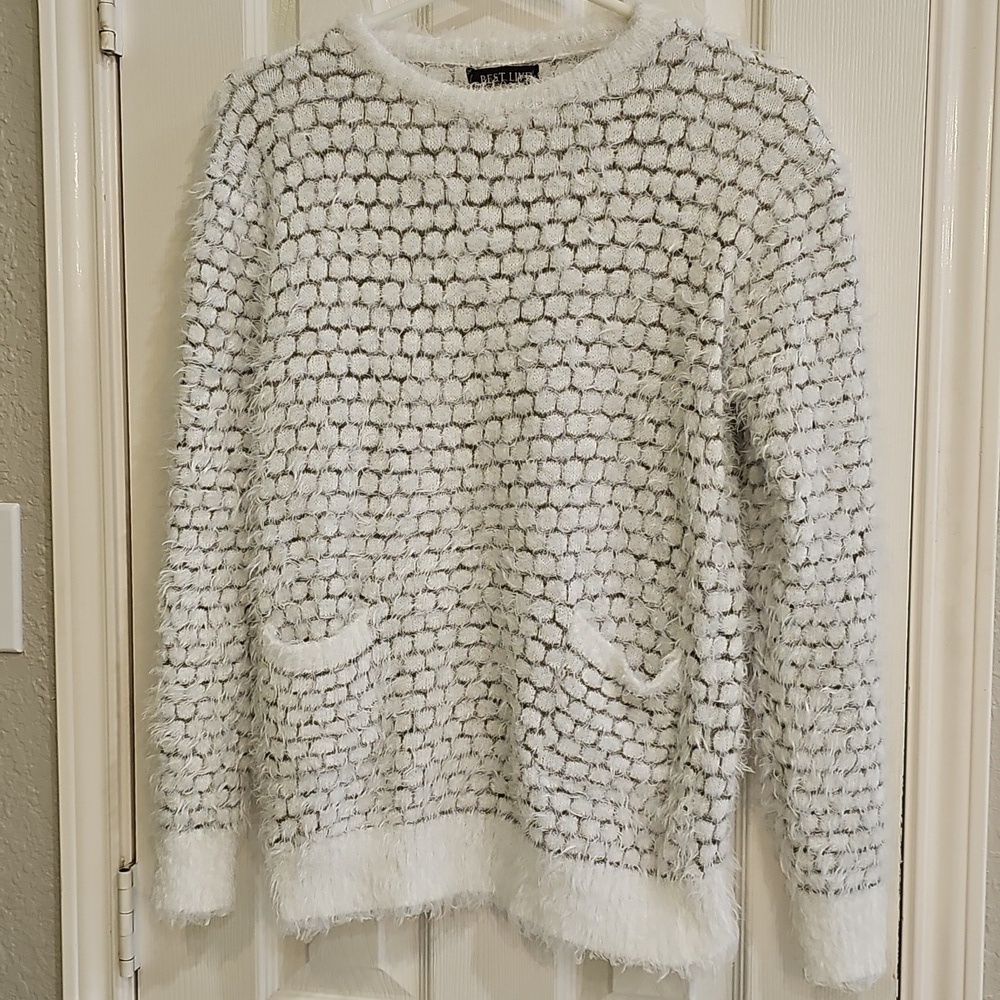 White Textured Crewneck Sweater with Pocket Detail